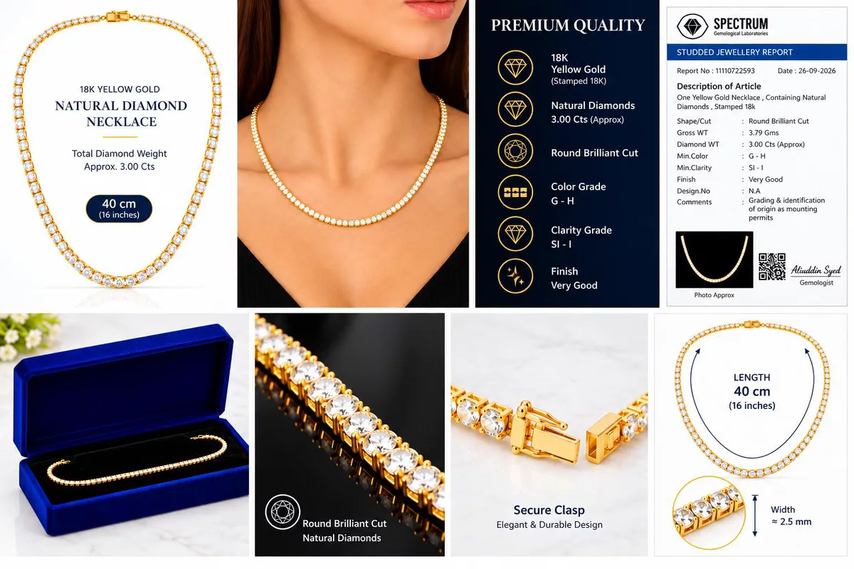 18K Yellow Gold Natural Diamond Tennis Necklace - 3.00 Carat Approx. - Round Brilliant Cut - G-H Color SI-I Clarity - Fine Diamond Necklace-2-2
