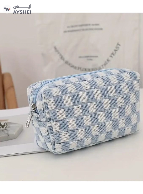 ORiTi Checkered Kinitted Cosmetic Bag Makeup Pouch Roomy Zipper Pouch 