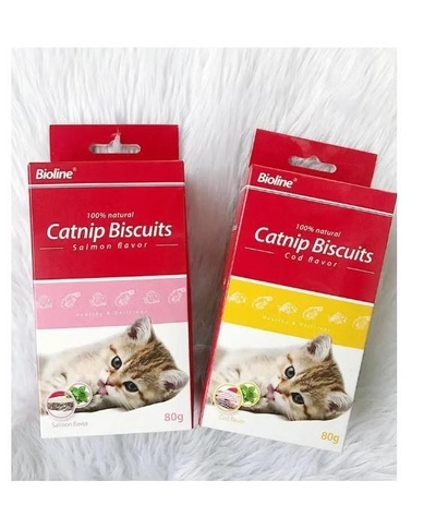 Bioline Catnip Biscuits 100% Natural Cat Treats 80g (Salmon Flavor & Cod Flavor)-0