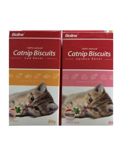 Bioline Catnip Biscuits 100% Natural Cat Treats 80g (Salmon Flavor & Cod Flavor)-1