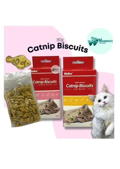 Bioline Catnip Biscuits 100% Natural Cat Treats 80g (Salmon Flavor & Cod Flavor)-2