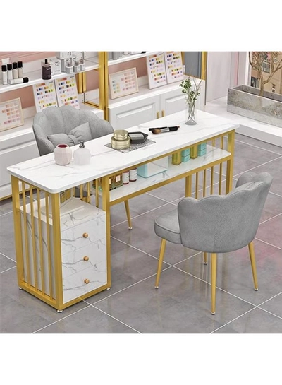 DubaiGallery Manicure Table Nail Desk for Nail Art, Marbling Texture Nail Table Beauty Spa Salon Station, Nail Makeup Supplies Decor Workstation Acetone Resistant w/Handrest, Drawers 2-Tier Desktop-2