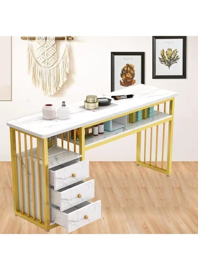 DubaiGallery Manicure Table Nail Desk for Nail Art, Marbling Texture Nail Table Beauty Spa Salon Station, Nail Makeup Supplies Decor Workstation Acetone Resistant w/Handrest, Drawers 2-Tier Desktop-3
