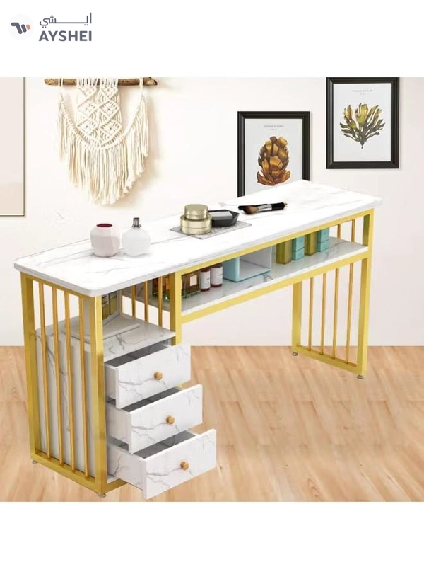 DubaiGallery Manicure Table Nail Desk for Nail Art, Marbling Texture Nail Table Beauty Spa Salon Station, Nail Makeup Supplies Decor Workstation Acetone Resistant w/Handrest, Drawers 2-Tier Desktop