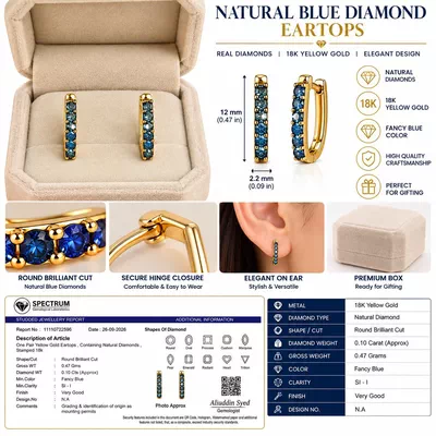 18K Yellow Gold Natural Diamond Earrings – 0.10 Carat Round Brilliant Cut Fancy Blue Diamonds – Fine Jewelry for Women – Pair-2