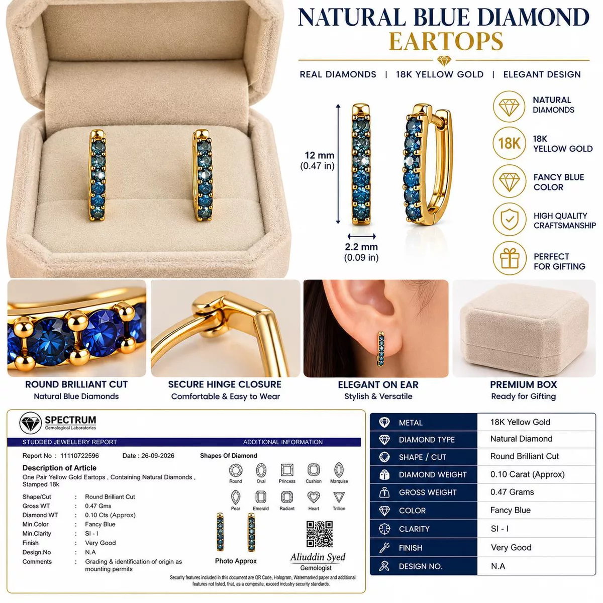18K Yellow Gold Natural Diamond Earrings – 0.10 Carat Round Brilliant Cut Fancy Blue Diamonds – Fine Jewelry for Women – Pair-2-2