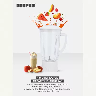 GEEPAS Multi-Functional 4-In-1 Food Processor (Juicer/Blender/ Grinder & Chopper) With Plastic Jar With SS Blades,2 Speed Control With Pulse 1.8 L 650 W GSB6147N White-2