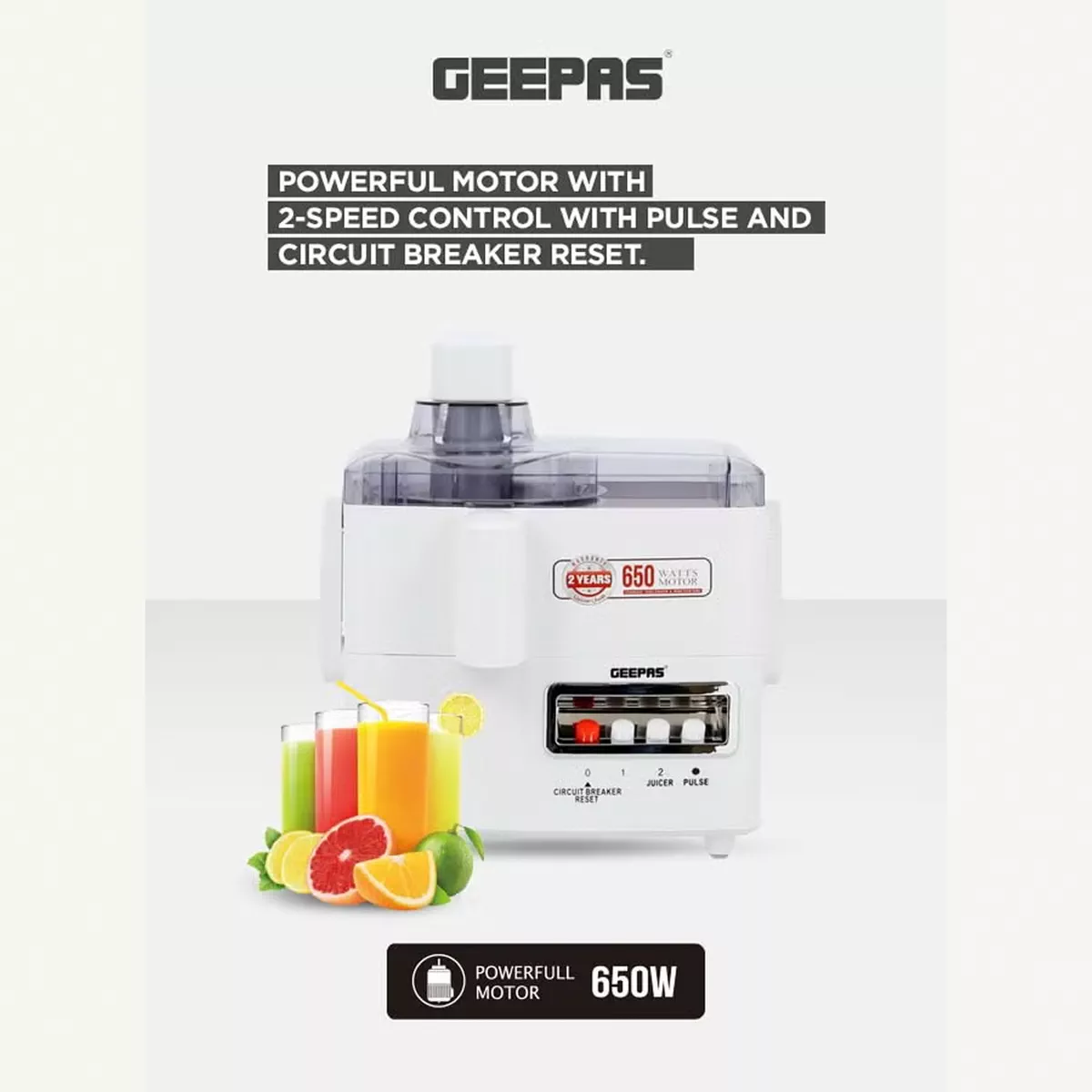 GEEPAS Multi-Functional 4-In-1 Food Processor (Juicer/Blender/ Grinder & Chopper) With Plastic Jar With SS Blades,2 Speed Control With Pulse 1.8 L 650 W GSB6147N White-1-1