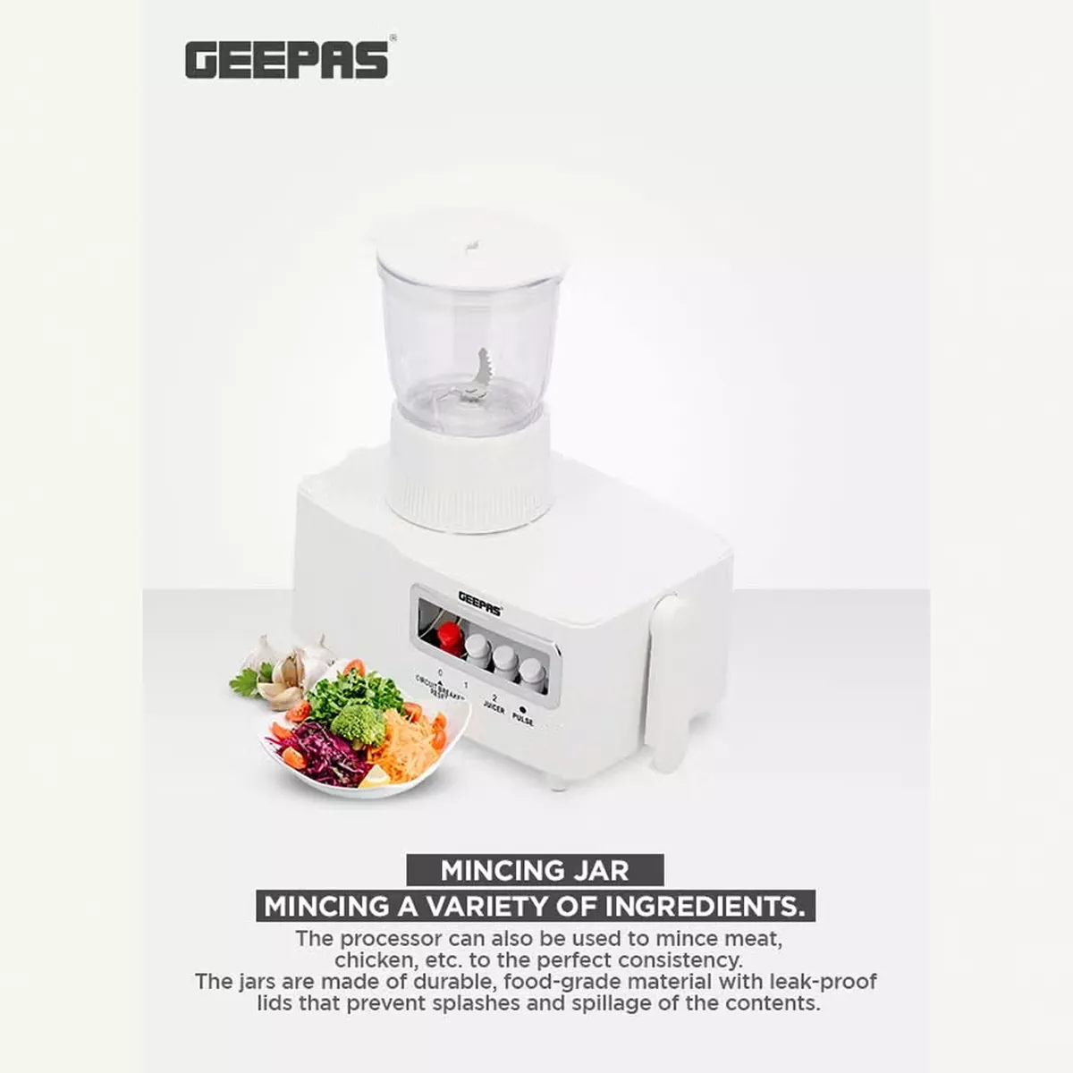 GEEPAS Multi-Functional 4-In-1 Food Processor (Juicer/Blender/ Grinder & Chopper) With Plastic Jar With SS Blades,2 Speed Control With Pulse 1.8 L 650 W GSB6147N White-4-4