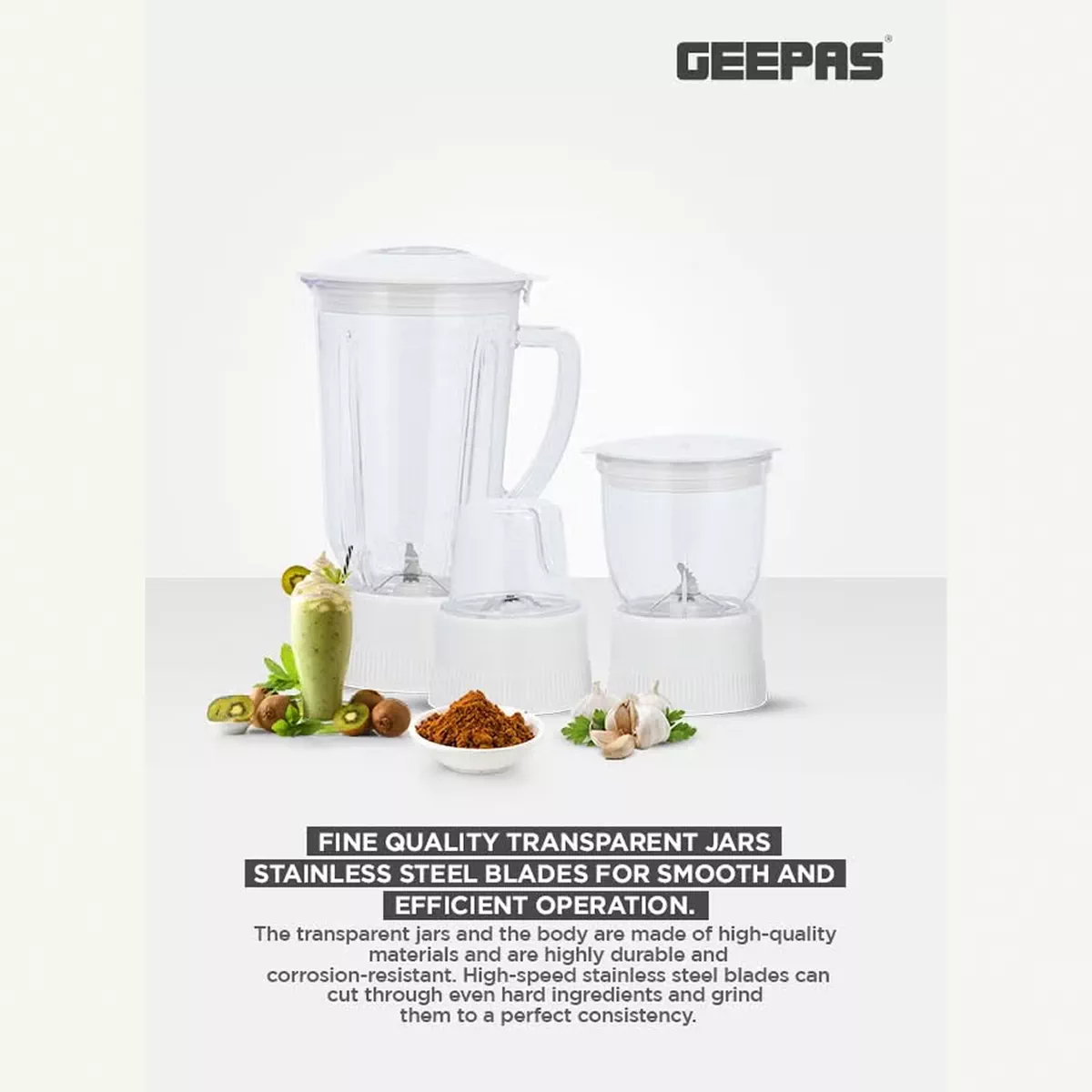 GEEPAS Multi-Functional 4-In-1 Food Processor (Juicer/Blender/ Grinder & Chopper) With Plastic Jar With SS Blades,2 Speed Control With Pulse 1.8 L 650 W GSB6147N White-3-3