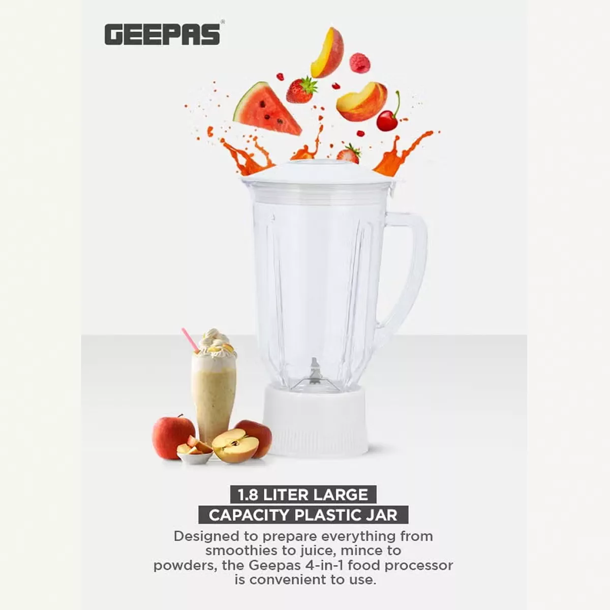 GEEPAS Multi-Functional 4-In-1 Food Processor (Juicer/Blender/ Grinder & Chopper) With Plastic Jar With SS Blades,2 Speed Control With Pulse 1.8 L 650 W GSB6147N White-2-2