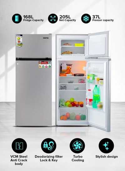 GEEPAS 240L Gross/205L Net Capacity Double Door Defrost Refrigerator| With faster Cooling, Long Lasting Freshness, Extra Space, VCM Steel Body,Tempered Glass Shelves, Handle Lock And Key, Temperature Control, LED Lighting|37L Freezer Capacity 240 L GRF2400SXE Silver-4