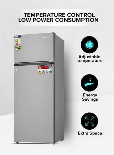 GEEPAS 240L Gross/205L Net Capacity Double Door Defrost Refrigerator| With faster Cooling, Long Lasting Freshness, Extra Space, VCM Steel Body,Tempered Glass Shelves, Handle Lock And Key, Temperature Control, LED Lighting|37L Freezer Capacity 240 L GRF2400SXE Silver-3