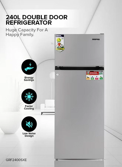 GEEPAS 240L Gross/205L Net Capacity Double Door Defrost Refrigerator| With faster Cooling, Long Lasting Freshness, Extra Space, VCM Steel Body,Tempered Glass Shelves, Handle Lock And Key, Temperature Control, LED Lighting|37L Freezer Capacity 240 L GRF2400SXE Silver-0