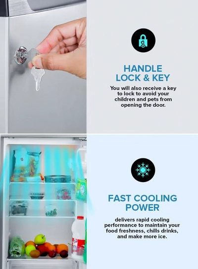 GEEPAS 240L Gross/205L Net Capacity Double Door Defrost Refrigerator| With faster Cooling, Long Lasting Freshness, Extra Space, VCM Steel Body,Tempered Glass Shelves, Handle Lock And Key, Temperature Control, LED Lighting|37L Freezer Capacity 240 L GRF2400SXE Silver-1