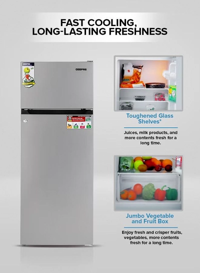 GEEPAS 240L Gross/205L Net Capacity Double Door Defrost Refrigerator| With faster Cooling, Long Lasting Freshness, Extra Space, VCM Steel Body,Tempered Glass Shelves, Handle Lock And Key, Temperature Control, LED Lighting|37L Freezer Capacity 240 L GRF2400SXE Silver-5
