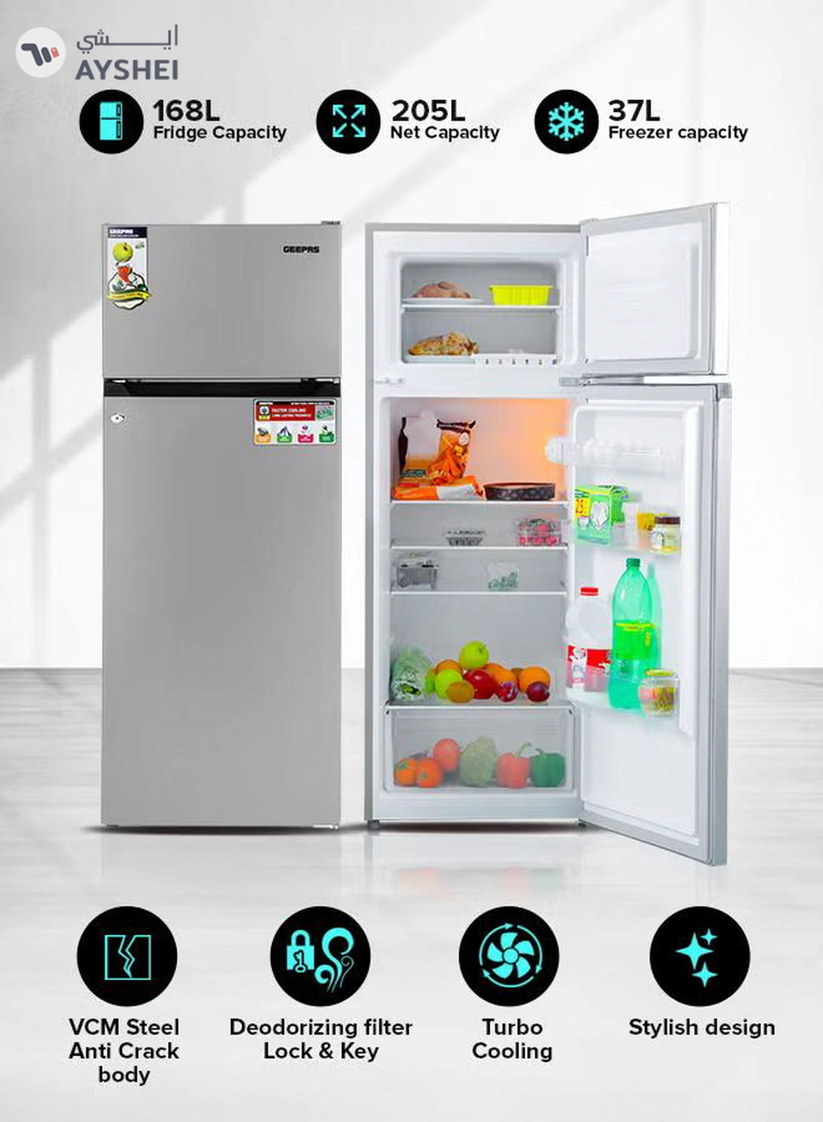 GEEPAS 240L Gross/205L Net Capacity Double Door Defrost Refrigerator| With faster Cooling, Long Lasting Freshness, Extra Space, VCM Steel Body,Tempered Glass Shelves, Handle Lock And Key, Temperature Control, LED Lighting|37L Freezer Capacity 240 L GRF2400SXE Silver-4-4