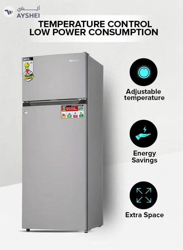 GEEPAS 240L Gross/205L Net Capacity Double Door Defrost Refrigerator| With faster Cooling, Long Lasting Freshness, Extra Space, VCM Steel Body,Tempered Glass Shelves, Handle Lock And Key, Temperature Control, LED Lighting|37L Freezer Capacity 240 L GRF2400SXE Silver