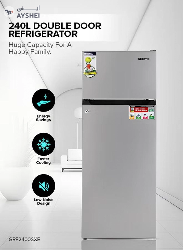 GEEPAS 240L Gross/205L Net Capacity Double Door Defrost Refrigerator| With faster Cooling, Long Lasting Freshness, Extra Space, VCM Steel Body,Tempered Glass Shelves, Handle Lock And Key, Temperature Control, LED Lighting|37L Freezer Capacity 240 L GRF2400SXE Silver