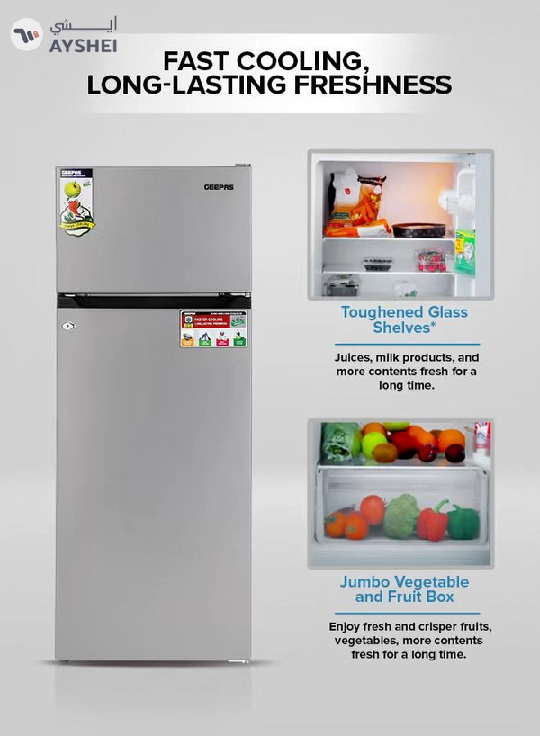 GEEPAS 240L Gross/205L Net Capacity Double Door Defrost Refrigerator| With faster Cooling, Long Lasting Freshness, Extra Space, VCM Steel Body,Tempered Glass Shelves, Handle Lock And Key, Temperature Control, LED Lighting|37L Freezer Capacity 240 L GRF2400SXE Silver