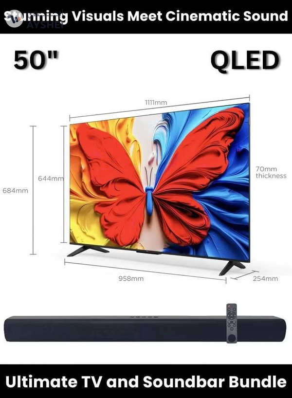 TCL Bundle Of 50-inch S5K QLED Google TV (HDR10, Dolby Audio, Bezel-Less Design) With Soundbar (Bluetooth, FM Radio, 2.0 Channel Audio) 50S5K+SOUNDBAR Black