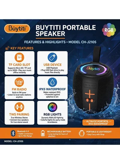 Buytiti CH-J2105 Portable Bluetooth Speaker with RGB LED Lights, TWS Wireless Pairing, FM Radio, TF Card, USB Support, Powerful Stereo Sound, Rechargeable Battery, and Portable Carrying Strap-2
