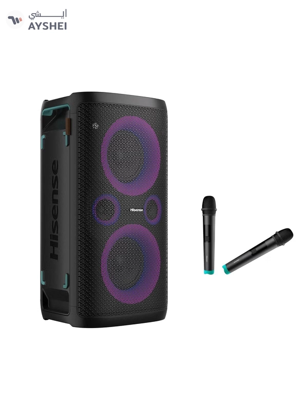 Hisense 300W Wireless Party Speaker – 2.0CH Sound, Built-in Subwoofer, IPX4 Waterproof, 15H Battery, Bluetooth 5.0, DJ & Karaoke Mode HP100 black