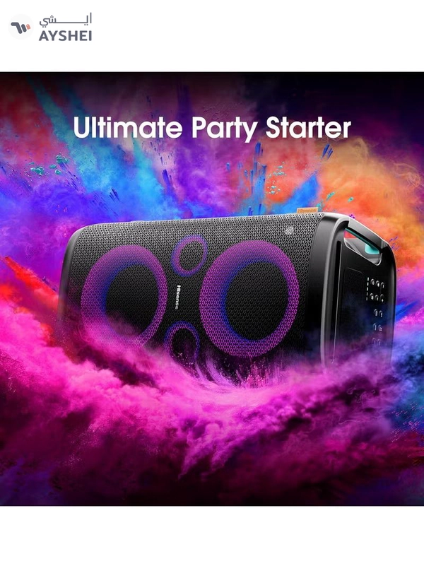 Hisense 300W Wireless Party Speaker – 2.0CH Sound, Built-in Subwoofer, IPX4 Waterproof, 15H Battery, Bluetooth 5.0, DJ & Karaoke Mode HP100 black