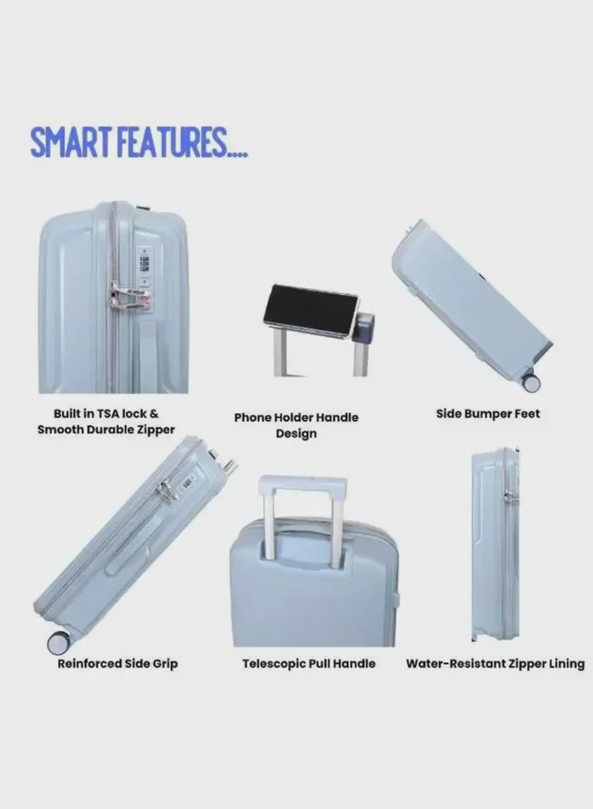 British Tourister 3 Piece Polyproplene Hard Side Spiner Luggage Trolley Set 20/24/28 Inch - Grey Blue-6-6
