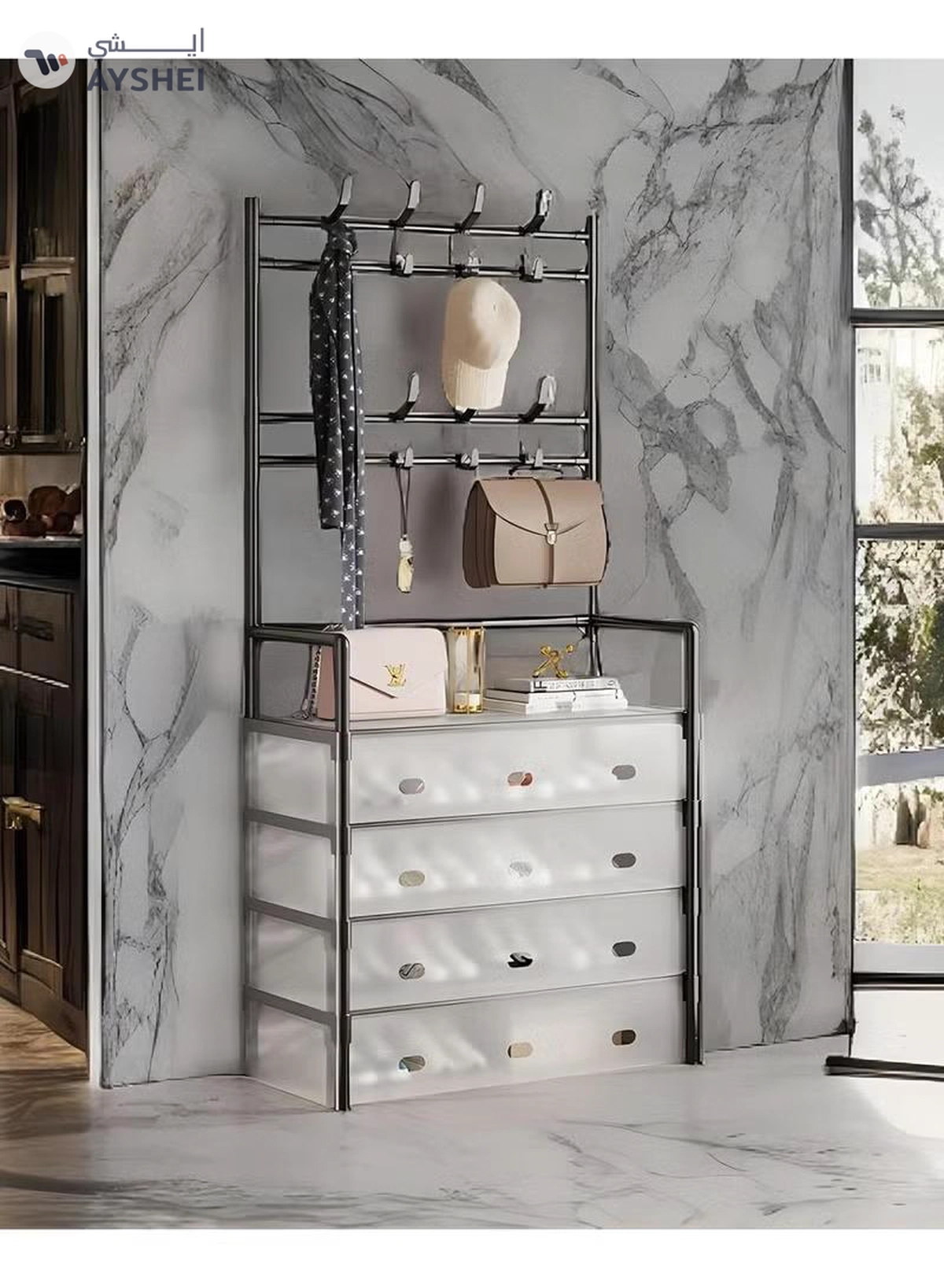 DubaiGallery 5-Layer Hall Tree with Metal Clothes Rail, Shoe Rack for Front Door Entrance, Entrance Shoe Rack with Coat Rack Multi-functional Entryway Storage Organizer for Home, Hallway, Bedroom-2-2