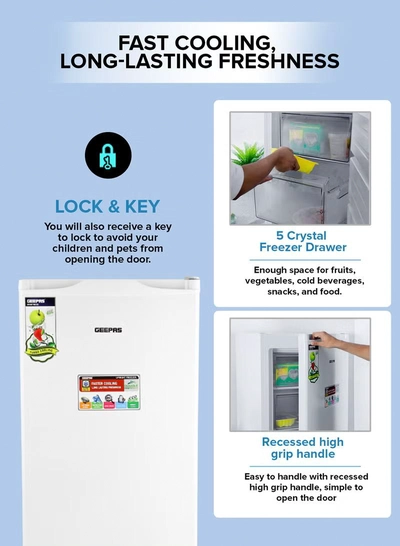 GEEPAS 200L Gross/157 Net Capacity, Upright Freezer With Tropical Compressor, Recessed Handle, Lock & Key, Inside Condensor, 6 Crystal Freezer Drawers, Adjustable Thermostat, 100% HCF & FCKW Free 20 L GRFU2006 White-1