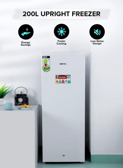 GEEPAS 200L Gross/157 Net Capacity, Upright Freezer With Tropical Compressor, Recessed Handle, Lock & Key, Inside Condensor, 6 Crystal Freezer Drawers, Adjustable Thermostat, 100% HCF & FCKW Free 20 L GRFU2006 White-0