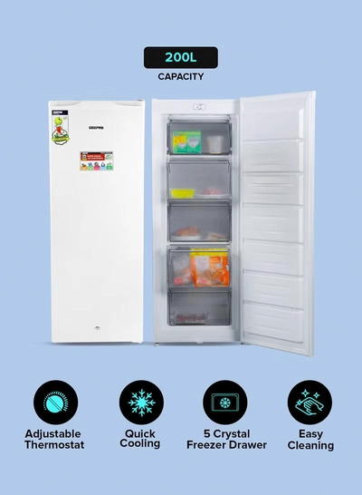 GEEPAS 200L Gross/157 Net Capacity, Upright Freezer With Tropical Compressor, Recessed Handle, Lock & Key, Inside Condensor, 6 Crystal Freezer Drawers, Adjustable Thermostat, 100% HCF & FCKW Free 20 L GRFU2006 White-5