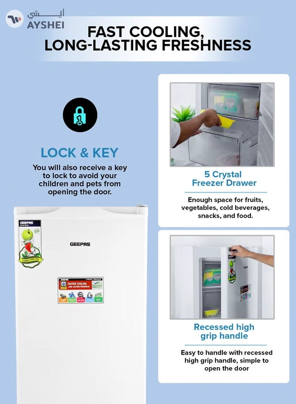 GEEPAS 200L Gross/157 Net Capacity, Upright Freezer With Tropical Compressor, Recessed Handle, Lock & Key, Inside Condensor, 6 Crystal Freezer Drawers, Adjustable Thermostat, 100% HCF & FCKW Free 20 L GRFU2006 White
