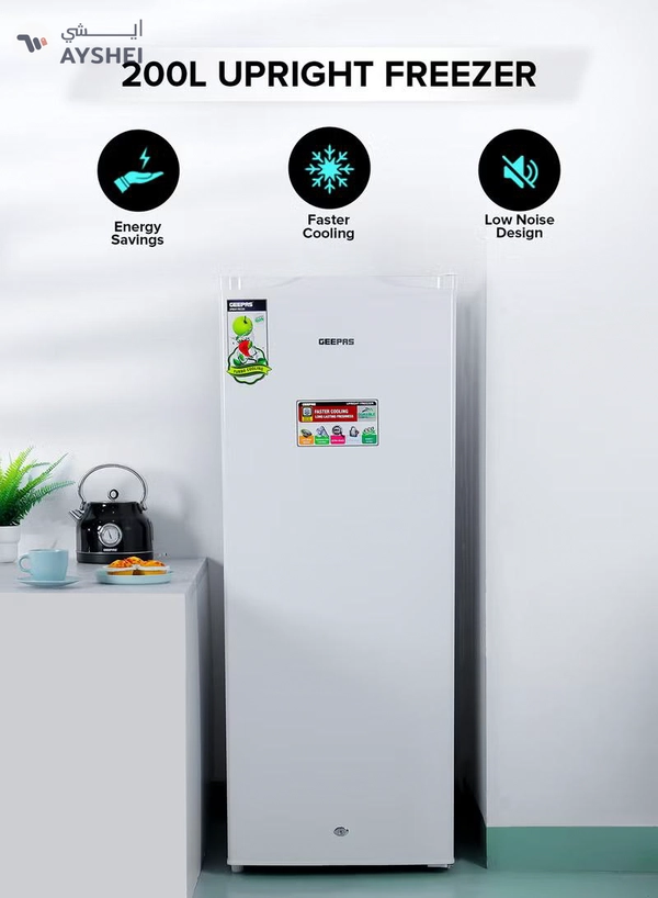 GEEPAS 200L Gross/157 Net Capacity, Upright Freezer With Tropical Compressor, Recessed Handle, Lock & Key, Inside Condensor, 6 Crystal Freezer Drawers, Adjustable Thermostat, 100% HCF & FCKW Free 20 L GRFU2006 White