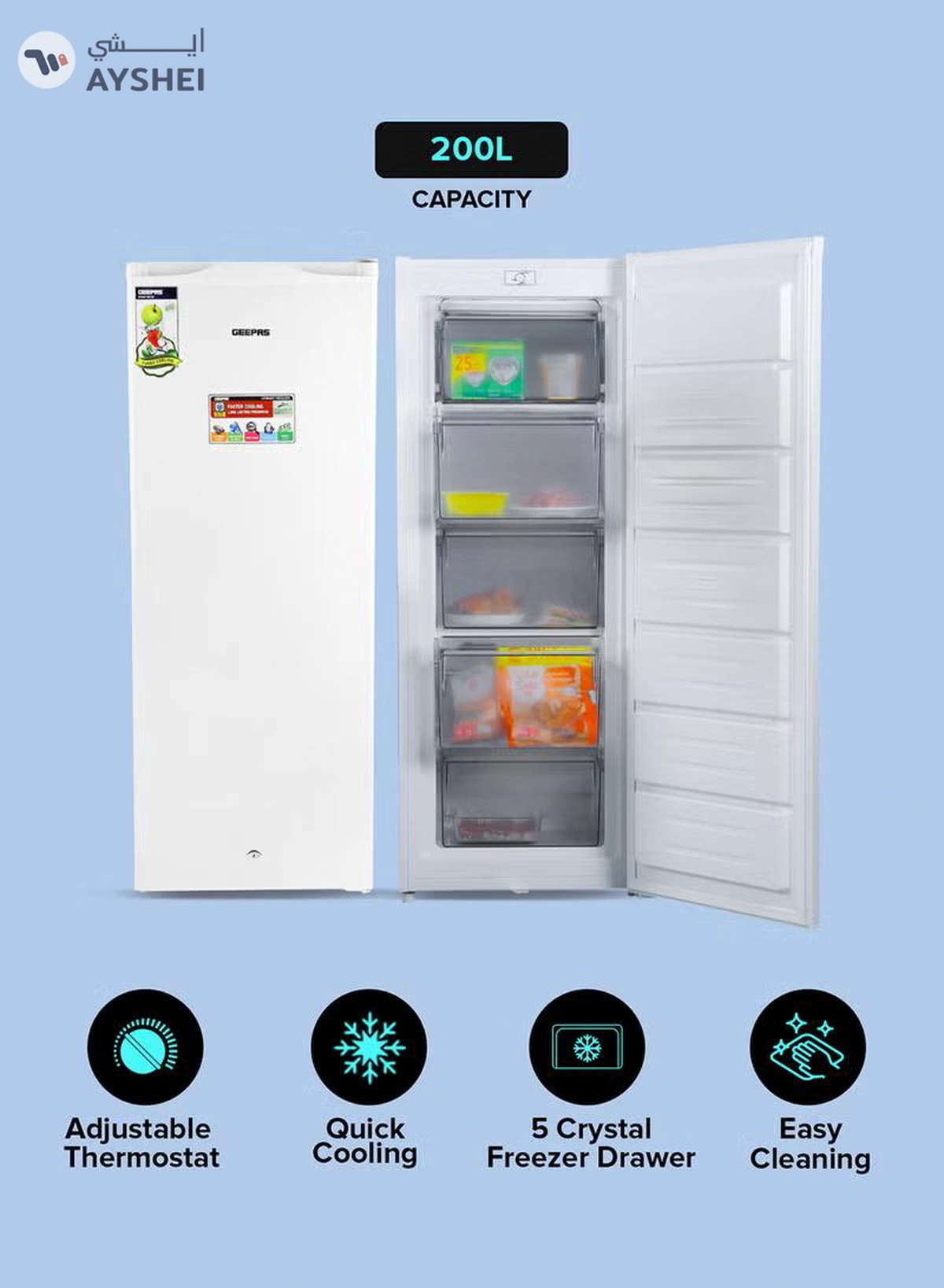 GEEPAS 200L Gross/157 Net Capacity, Upright Freezer With Tropical Compressor, Recessed Handle, Lock & Key, Inside Condensor, 6 Crystal Freezer Drawers, Adjustable Thermostat, 100% HCF & FCKW Free 20 L GRFU2006 White-5-5