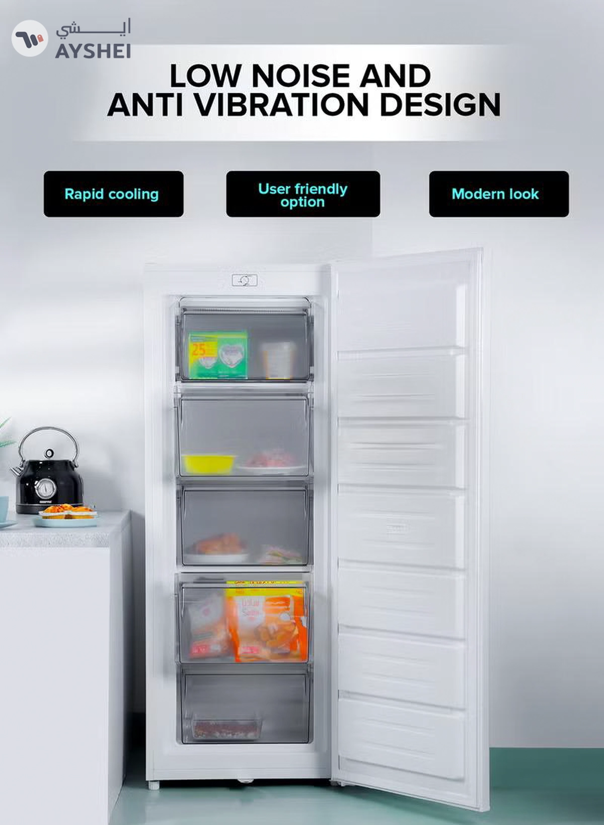 GEEPAS 200L Gross/157 Net Capacity, Upright Freezer With Tropical Compressor, Recessed Handle, Lock & Key, Inside Condensor, 6 Crystal Freezer Drawers, Adjustable Thermostat, 100% HCF & FCKW Free 20 L GRFU2006 White-4-4