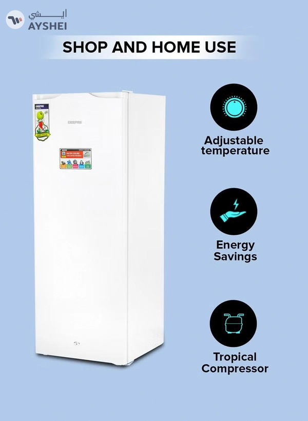 GEEPAS 200L Gross/157 Net Capacity, Upright Freezer With Tropical Compressor, Recessed Handle, Lock & Key, Inside Condensor, 6 Crystal Freezer Drawers, Adjustable Thermostat, 100% HCF & FCKW Free 20 L GRFU2006 White