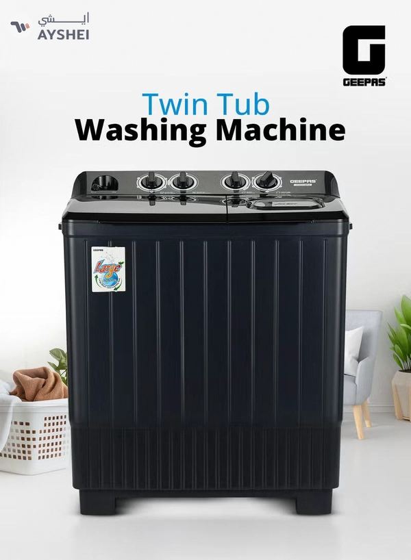 GEEPAS Semi Automatic Twin Tub Washing Machine | Equipped with Big Pulsator and Spin Dry | Efficient Performance and Classic Design | Perfect for Home, Apartments, etc. | 14 kg 700 W GSWM18054 Black