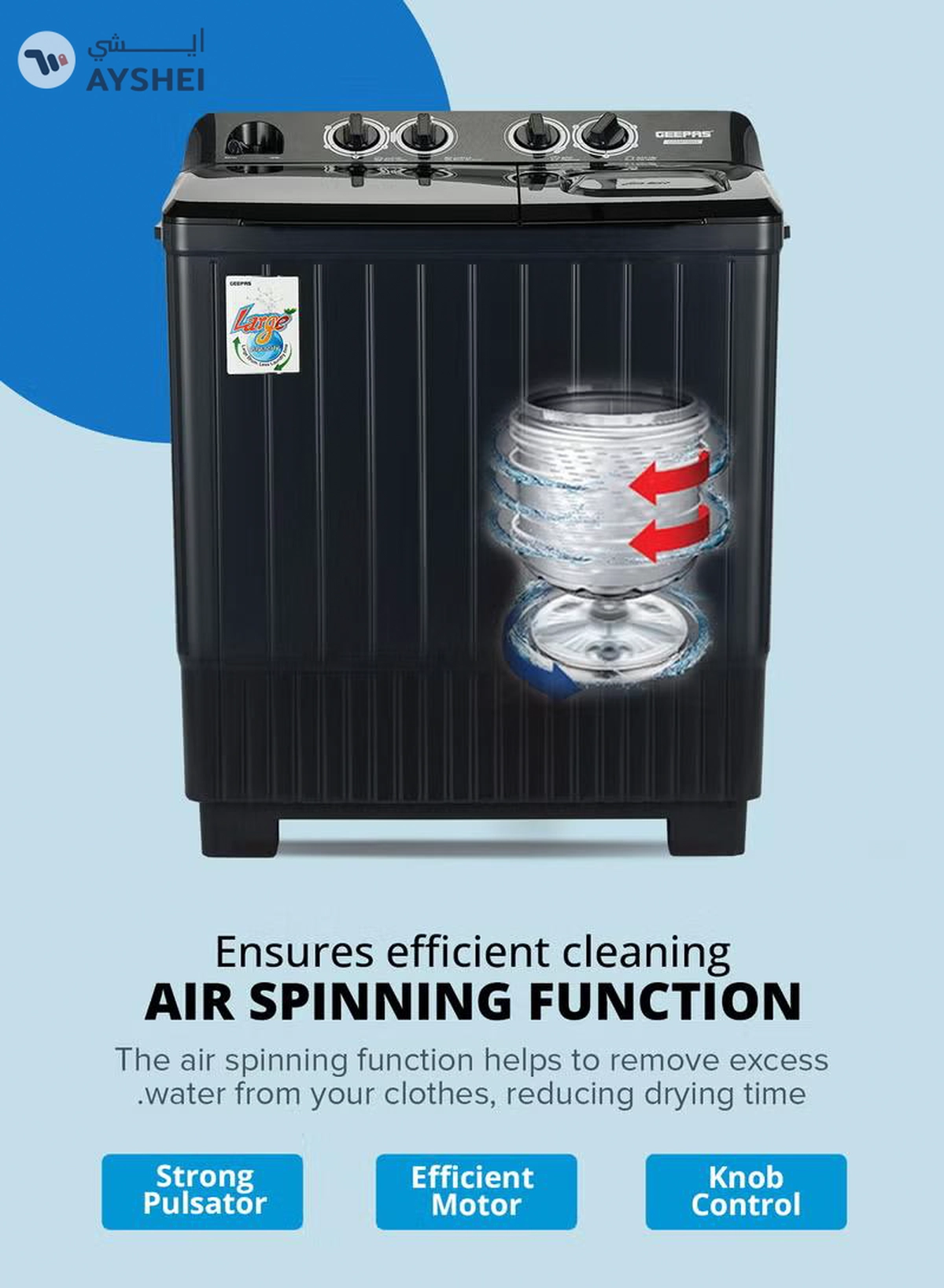 GEEPAS Semi Automatic Twin Tub Washing Machine | Equipped with Big Pulsator and Spin Dry | Efficient Performance and Classic Design | Perfect for Home, Apartments, etc. | 14 kg 700 W GSWM18054 Black-1-1