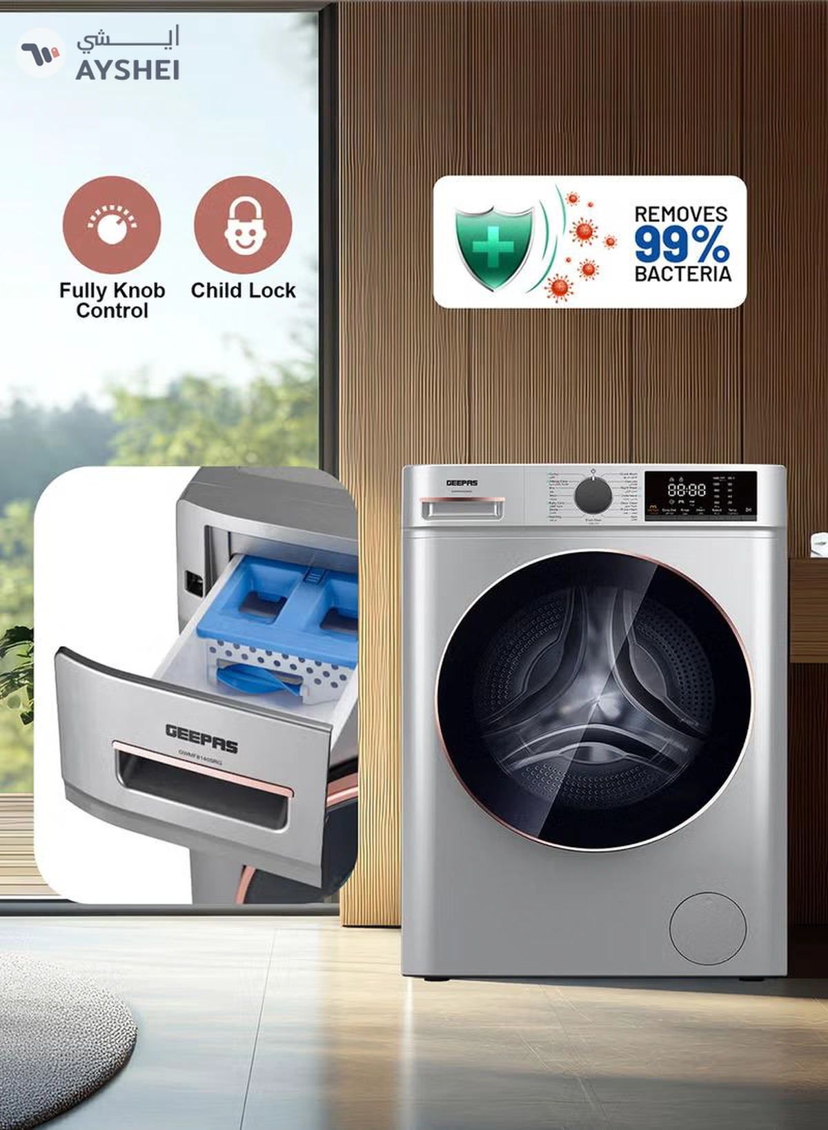 GEEPAS 8 KG Fully Automatic Washing Machine Front| 1400 RPM Speed BLDC Inverter Motor 2000 W| LED Display 54 L Drum Capacity, Quick Wash, Night Wash, Deep Wash, Allergy Care, Baby Care| Drum Clean 8 kg 2000 W 8 kg 2000 W GWMF8140SRG Metallic Grey-1-1