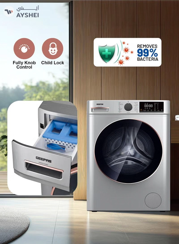 GEEPAS 8 KG Fully Automatic Washing Machine Front| 1400 RPM Speed BLDC Inverter Motor 2000 W| LED Display 54 L Drum Capacity, Quick Wash, Night Wash, Deep Wash, Allergy Care, Baby Care| Drum Clean 8 kg 2000 W 8 kg 2000 W GWMF8140SRG Metallic Grey