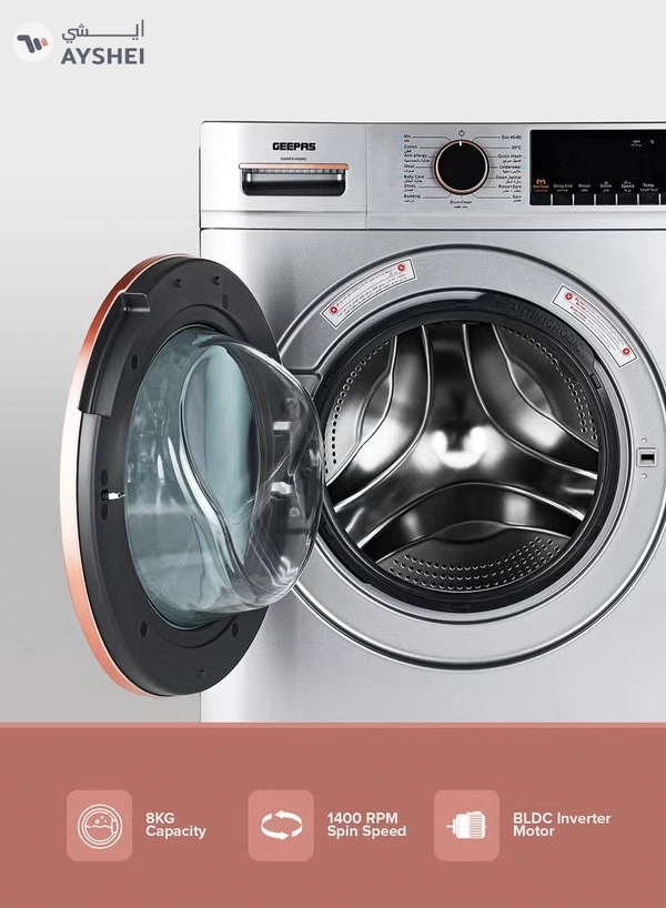 GEEPAS 8 KG Fully Automatic Washing Machine Front| 1400 RPM Speed BLDC Inverter Motor 2000 W| LED Display 54 L Drum Capacity, Quick Wash, Night Wash, Deep Wash, Allergy Care, Baby Care| Drum Clean 8 kg 2000 W 8 kg 2000 W GWMF8140SRG Metallic Grey