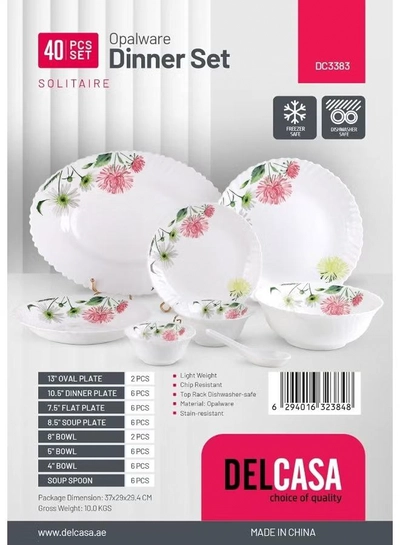 Delcasa DC3383 Opalware Dinner 40-Pieces Set, White/Pink-6