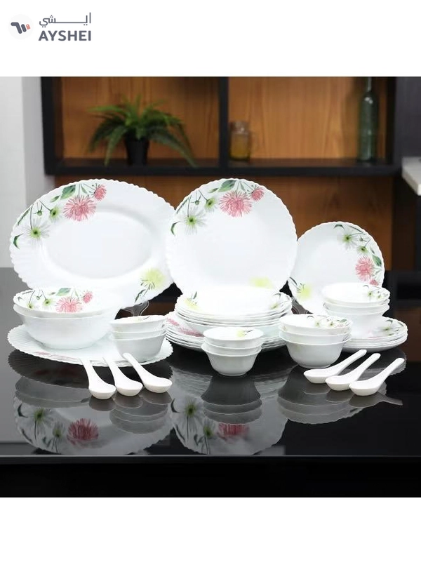 Delcasa DC3383 Opalware Dinner 40-Pieces Set, White/Pink