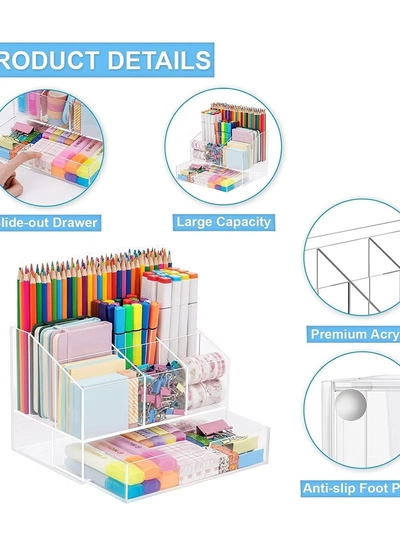 Eworld Clear Acrylic File Holder Pen Storage Organising Stand Desk for Books Papers and Accessories-1