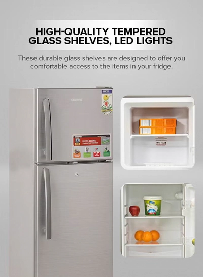 GEEPAS 200L Gross/138L Net Capacity, Direct Cool Double Door Defrost Refrigerator With Grip Handle| Silver Finish, Glass Shelves, Transparent Door Basket, Adjustable Front Wheel, Lock & Key, Low Noise, Quick Cooling, Low Voltage,Freezer- 40L capacity GRF2209SXE Silver-2