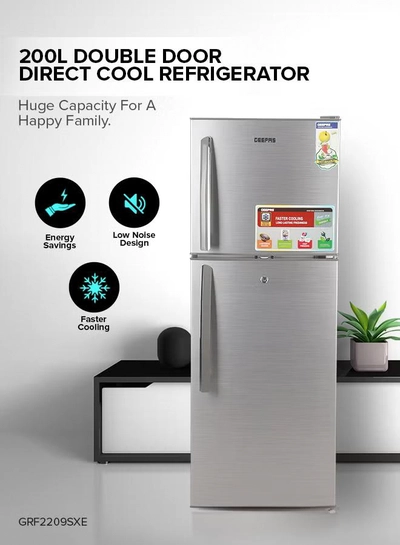 GEEPAS 200L Gross/138L Net Capacity, Direct Cool Double Door Defrost Refrigerator With Grip Handle| Silver Finish, Glass Shelves, Transparent Door Basket, Adjustable Front Wheel, Lock & Key, Low Noise, Quick Cooling, Low Voltage,Freezer- 40L capacity GRF2209SXE Silver-0