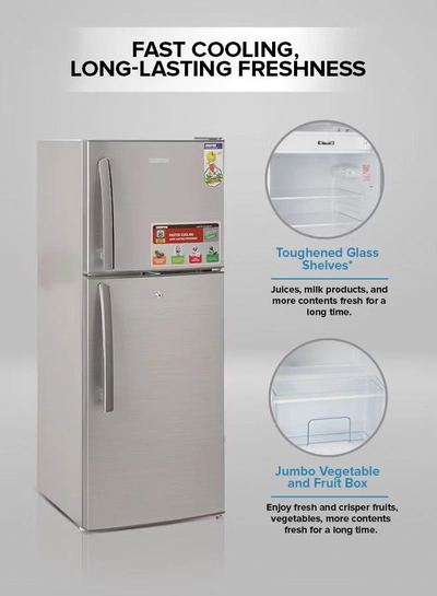 GEEPAS 200L Gross/138L Net Capacity, Direct Cool Double Door Defrost Refrigerator With Grip Handle| Silver Finish, Glass Shelves, Transparent Door Basket, Adjustable Front Wheel, Lock & Key, Low Noise, Quick Cooling, Low Voltage,Freezer- 40L capacity GRF2209SXE Silver-3