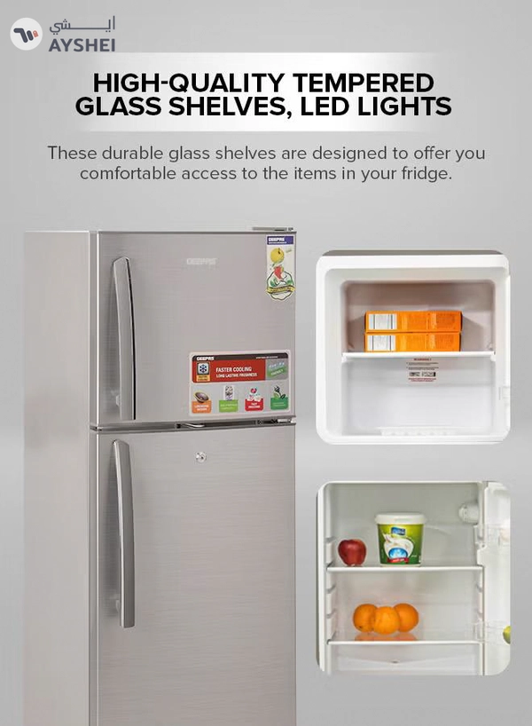 GEEPAS 200L Gross/138L Net Capacity, Direct Cool Double Door Defrost Refrigerator With Grip Handle| Silver Finish, Glass Shelves, Transparent Door Basket, Adjustable Front Wheel, Lock & Key, Low Noise, Quick Cooling, Low Voltage,Freezer- 40L capacity GRF2209SXE Silver
